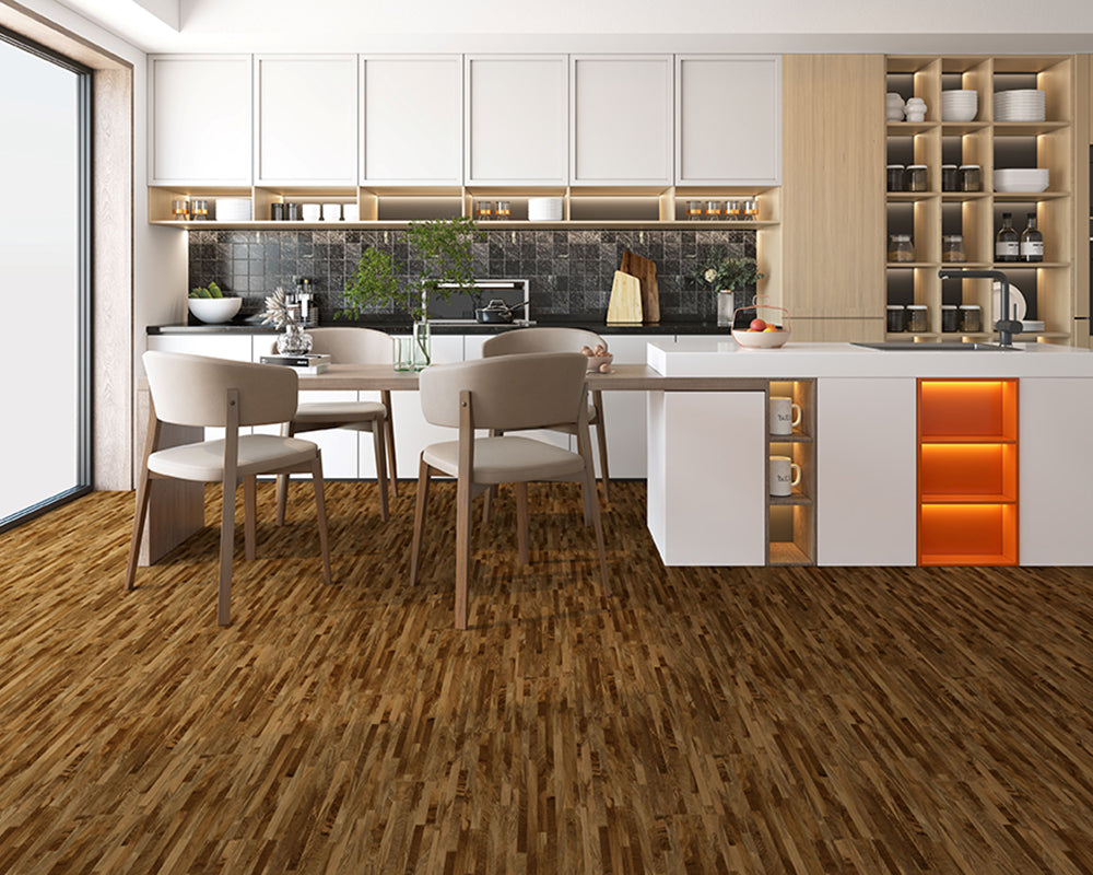 Modern kitchen with wooden flooring and white cabinetry