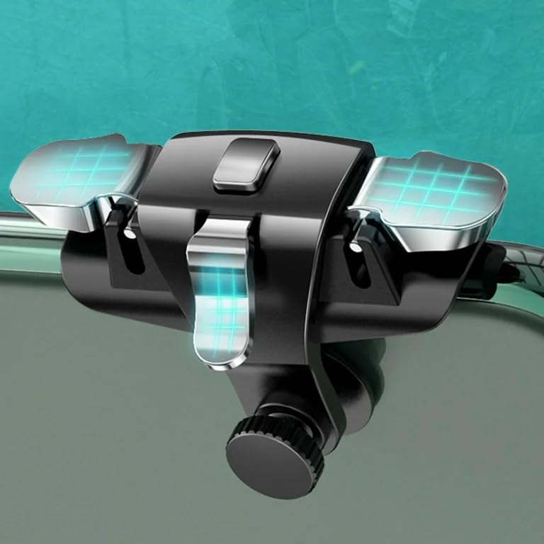 Black metal clamp with blue lights on a teal background