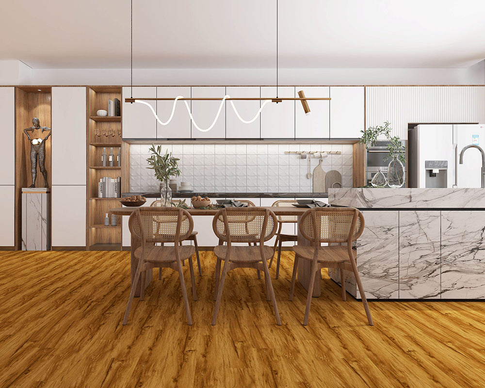 Modern kitchen with marble island, wooden dining table, and chairs.