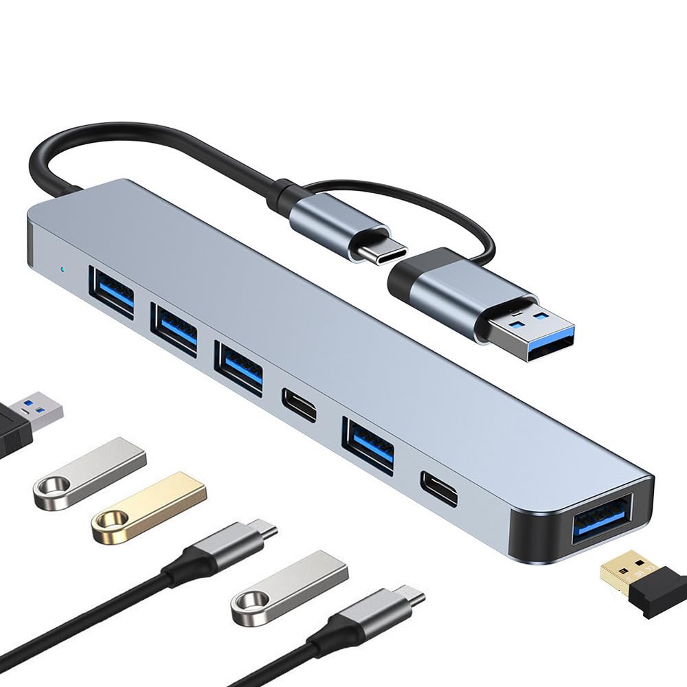 USB hub with multiple ports and connectors on a white background