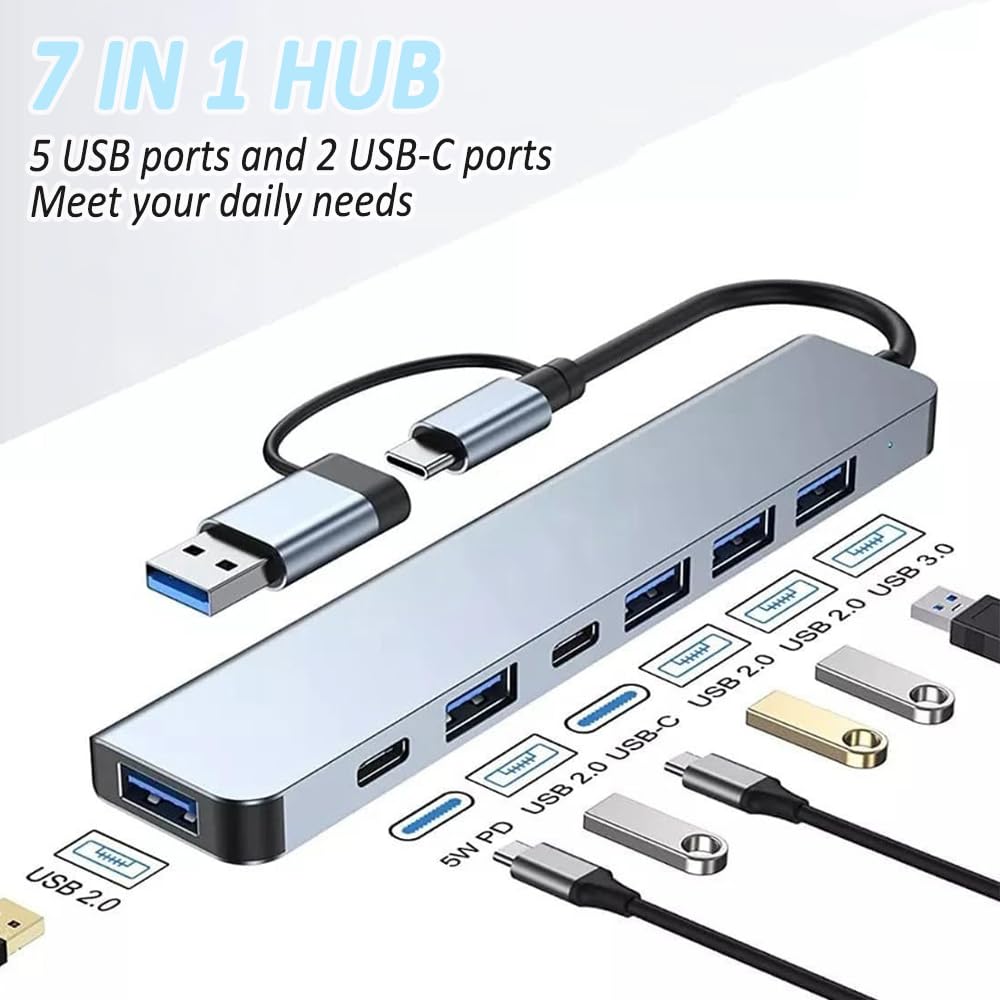 7-in-1 USB hub with multiple ports and connectors on a white background