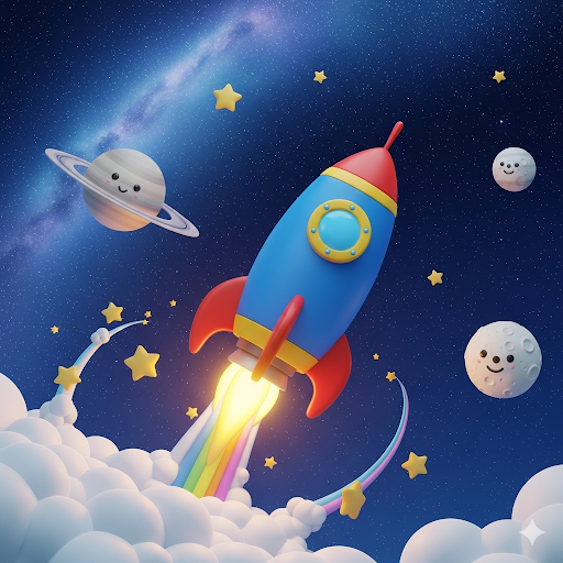 Colorful cartoon rocket launching into space with planets and stars.