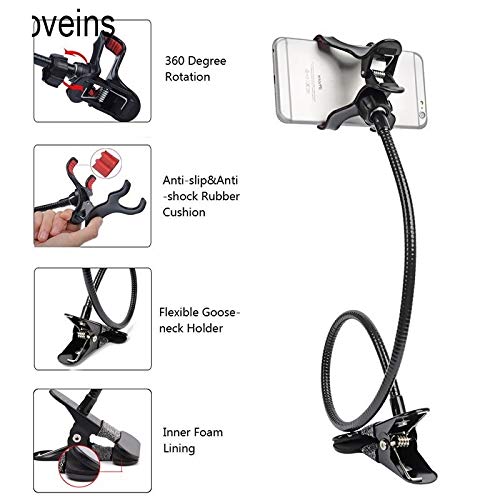 A metal lazy stand bracket with a flexible gooseneck and clamp, shown in various positions demonstrating its 360-degree rotation and anti-slip features.