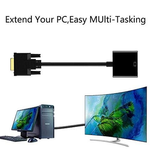 A product image demonstrating a DVI to VGA adapter. The top half shows a top-down view of the adapter itself, a black cable with a gold-plated DVI-D male connector on the left and a black rectangular VGA female converter on the right. The bottom half of the image shows a desktop computer with a monitor, connected to a second, larger curved monitor. The text "Extend Your PC, Easy MULTI-Tasking" is displayed at the top, indicating that the adapter can be used to set up a dual-monitor configuration for extende