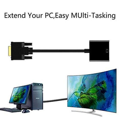 A product image demonstrating a DVI to VGA adapter. The top half shows a top-down view of the adapter itself, a black cable with a gold-plated DVI-D male connector on the left and a black rectangular VGA female converter on the right. The bottom half of the image shows a desktop computer with a monitor, connected to a second, larger curved monitor. The text "Extend Your PC, Easy MULTI-Tasking" is displayed at the top, indicating that the adapter can be used to set up a dual-monitor configuration for extende