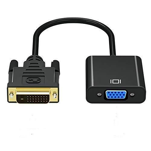 A black DVI-D male to VGA female adapter cable. The DVI-D connector is gold-plated and has two finger-tightened screws. 