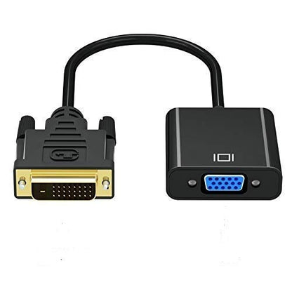 A black DVI-D male to VGA female adapter cable. The DVI-D connector is gold-plated and has two finger-tightened screws. 