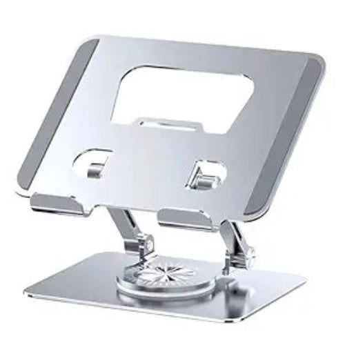 A 360 rotating portable aluminum adjustable folding tablet stand in gray color.