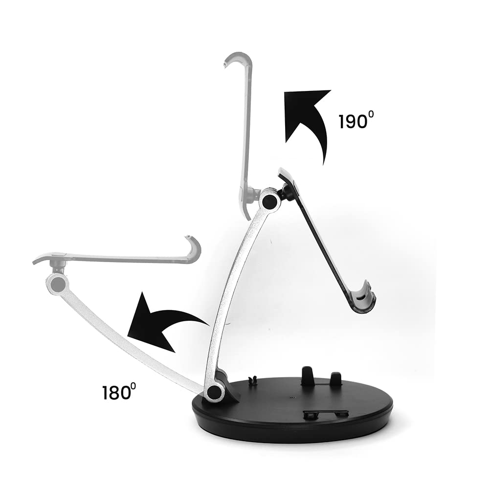 
A black and white image of a universal desktop holder. The stand has a black, circular base and a curved, silver arm. 