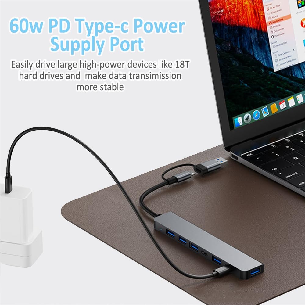 USB hub connected to a laptop with text about 60w PD Type-c power supply port.