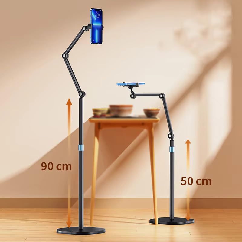 Adjustable phone stand with arm length measurement on a wooden floor.