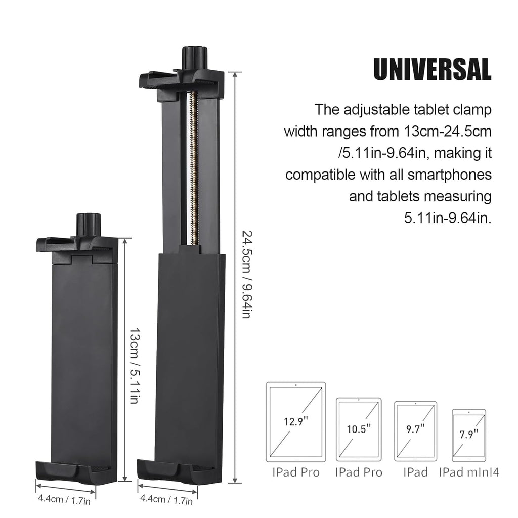 Black adjustable tablet clamp with dimensions and compatibility information on a white background