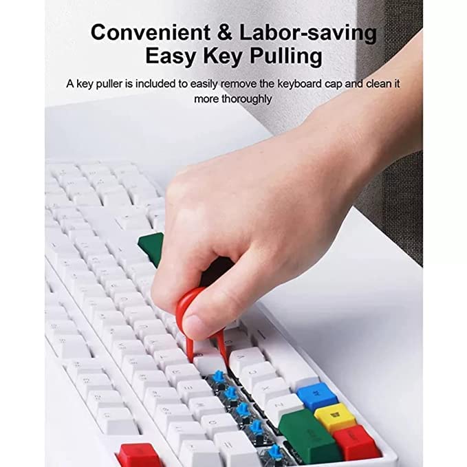Hand using a key puller to remove a key from a keyboard with text about convenience and labor-saving features.