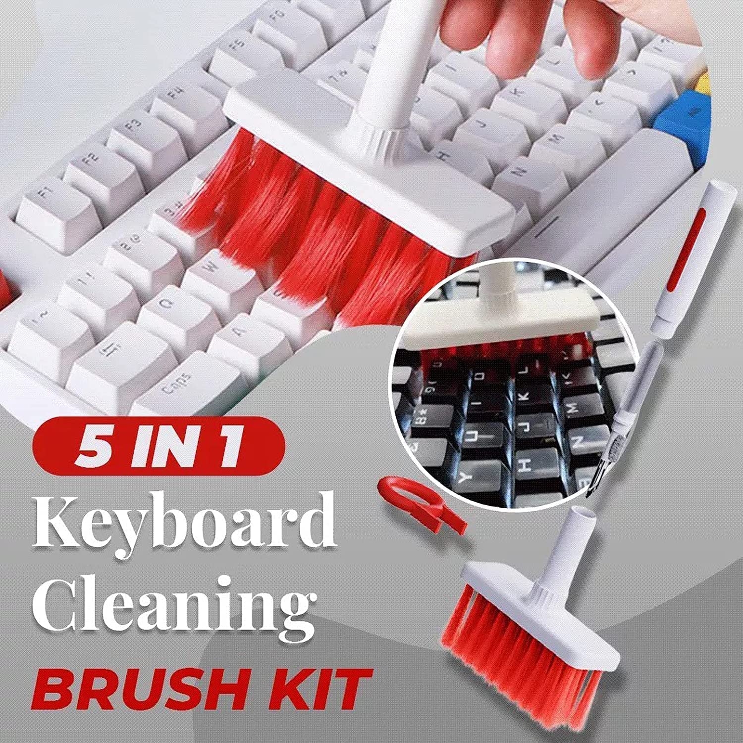 Keyboard cleaning brush kit with red bristles being used on a keyboard, featuring text '5 IN 1 Keyboard Cleaning BRUSH KIT'.