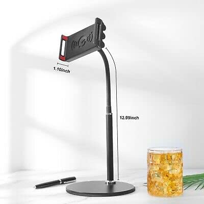 Black adjustable phone stand with measurements on a white background