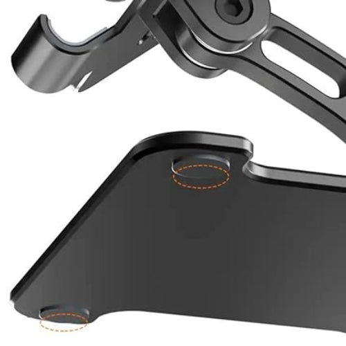 Close-up of a portable aluminum tablet stand in black color, showing the adjustable part and a detail of the corner with an orange accent.