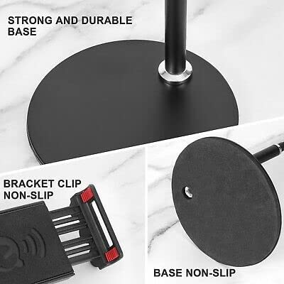 Close-up of a stand with text highlighting its features on a white background.