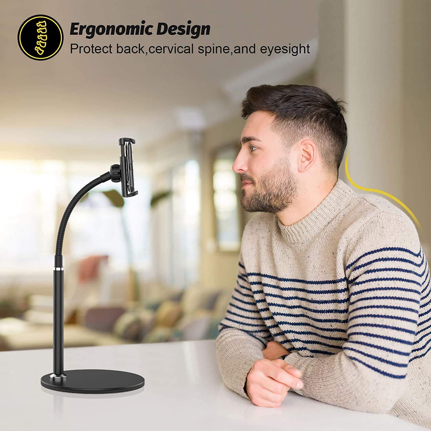 Man using a phone holder on a table with text about ergonomic design.