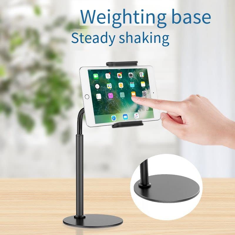 Tablet stand with a hand adjusting an iPad on a wooden surface, with text 'Weighting base Steady shaking'.