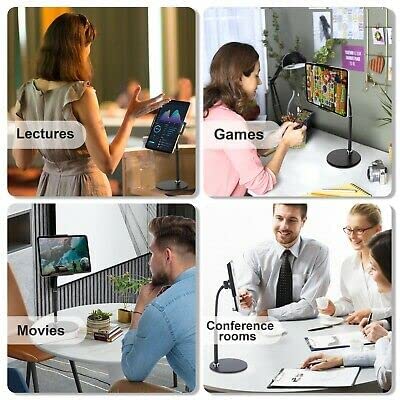 Collage of a woman using a tablet for lectures, gaming, watching movies, and in a conference room.