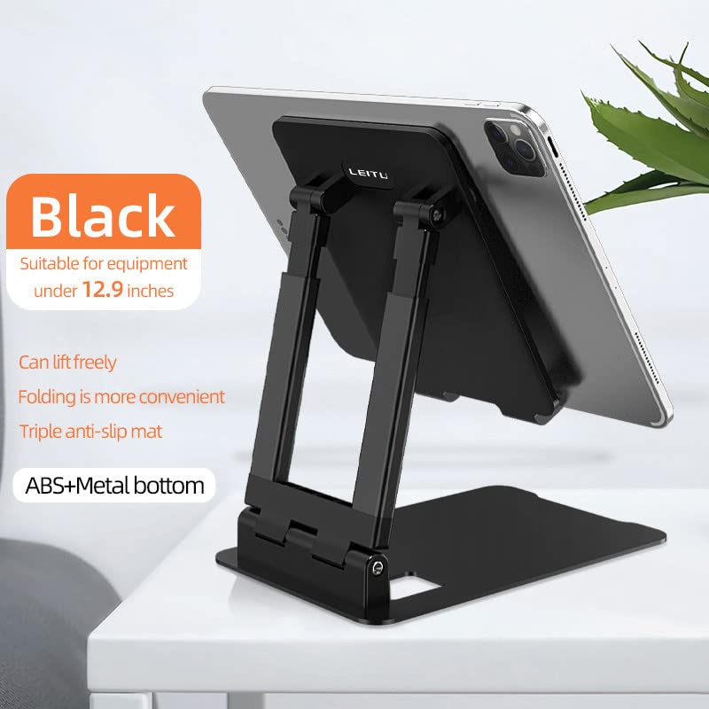 Black tablet stand with adjustable angle, suitable for equipment under 12.9 inches, on a white background.