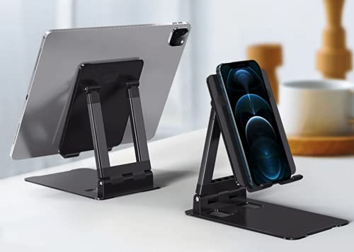 Two adjustable phone and tablet stands holding electronic devices on a white surface.