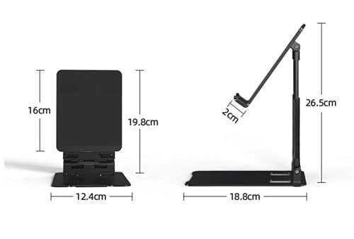 Black adjustable stand with dimensions labeled on a white background