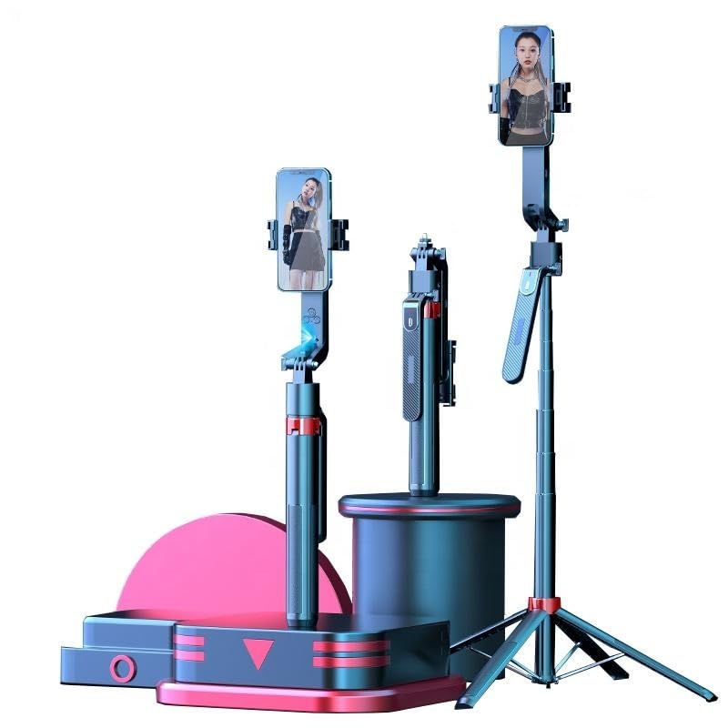 Multi-device stand with smartphone, tablet, and camera on a white background