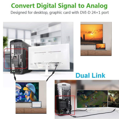 
A product image demonstrating a DVI to VGA adapter. The main image shows a desktop computer connected to a monitor using the adapter, with the text "Convert Digital Signal to Analog" and "Designed for desktop, graphic card with DVI-D 24+1 port." In the upper right, a laptop's display is mirrored onto a large TV. In the lower-left, a laptop's display is mirrored onto a TV showing a cartoon. In the bottom-right, a desktop PC is connected to two monitors, one showing a video game and the other a spreadsheet, 