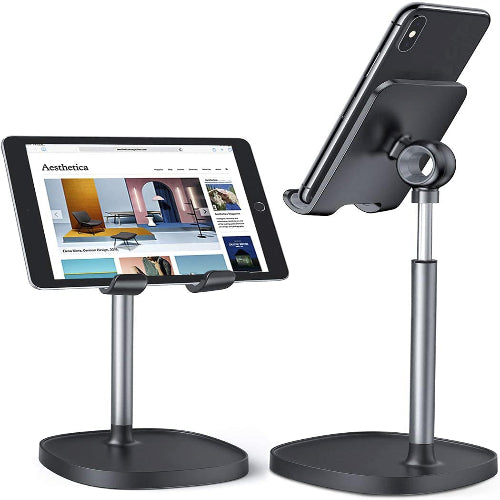 A metal mobile stand holder capable of holding a tablet or smartphone, shown in two orientations: one holding a tablet in landscape mode and the other holding a smartphone in portrait mode.
