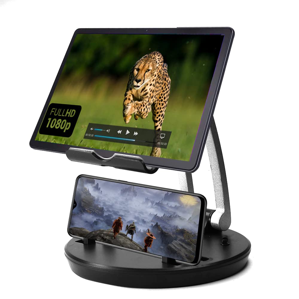 The stand holding a tablet horizontally on the top cradle and a smartphone horizontally on the base, both displaying content.
