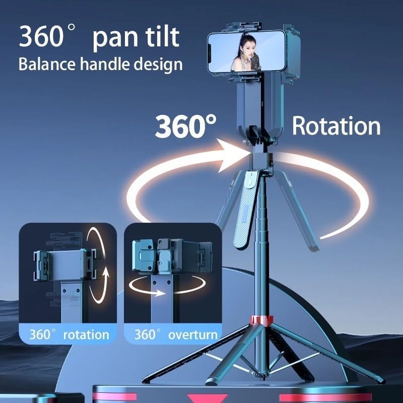360-degree pan tilt phone holder with balance handle design on a blue background