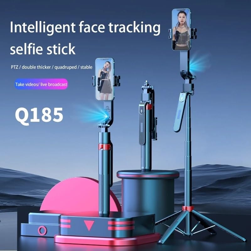 Intelligent face tracking selfie stick with multiple angles on a blue gradient background