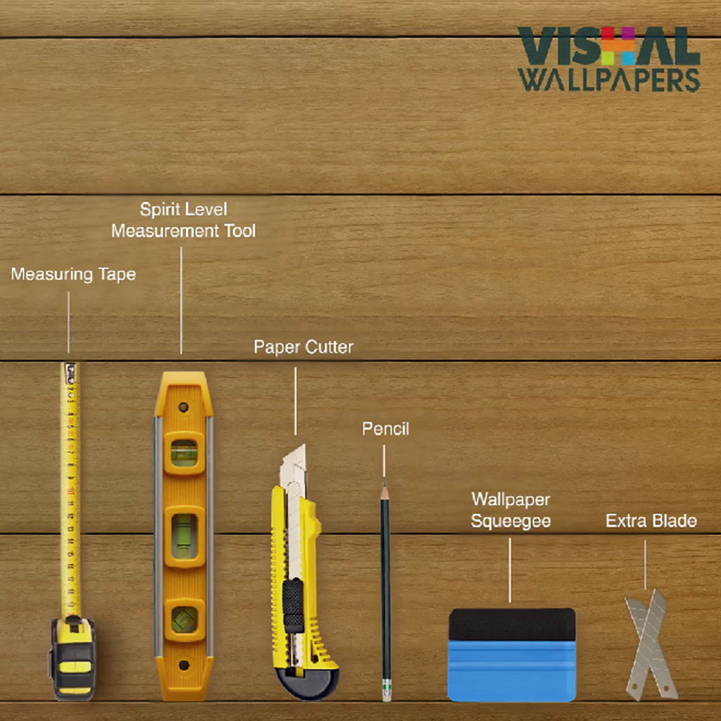 Set of wallpaper installation tools on a wooden background with Visual Wallpapers branding.