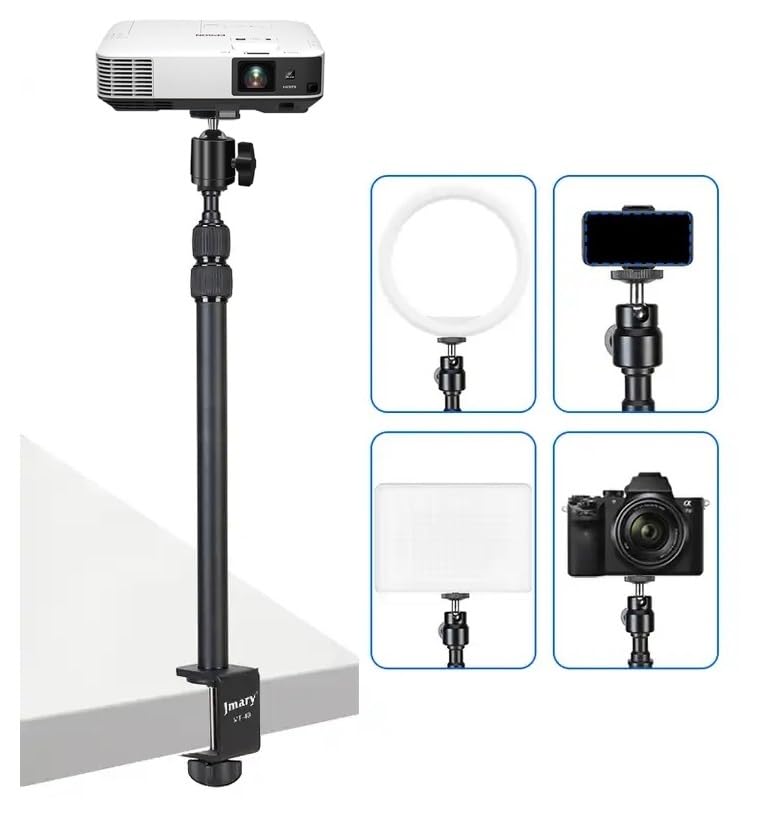 Camera tripod with various attachments on a white background