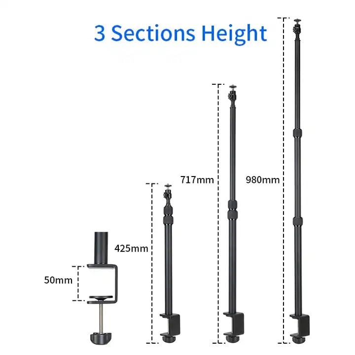 Measurement chart of a three-section adjustable stand with height measurements.