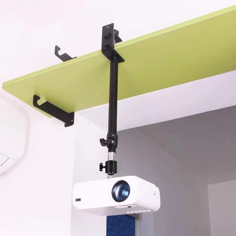 Projector mounted on a adjustable ceiling mount with a green board above.
