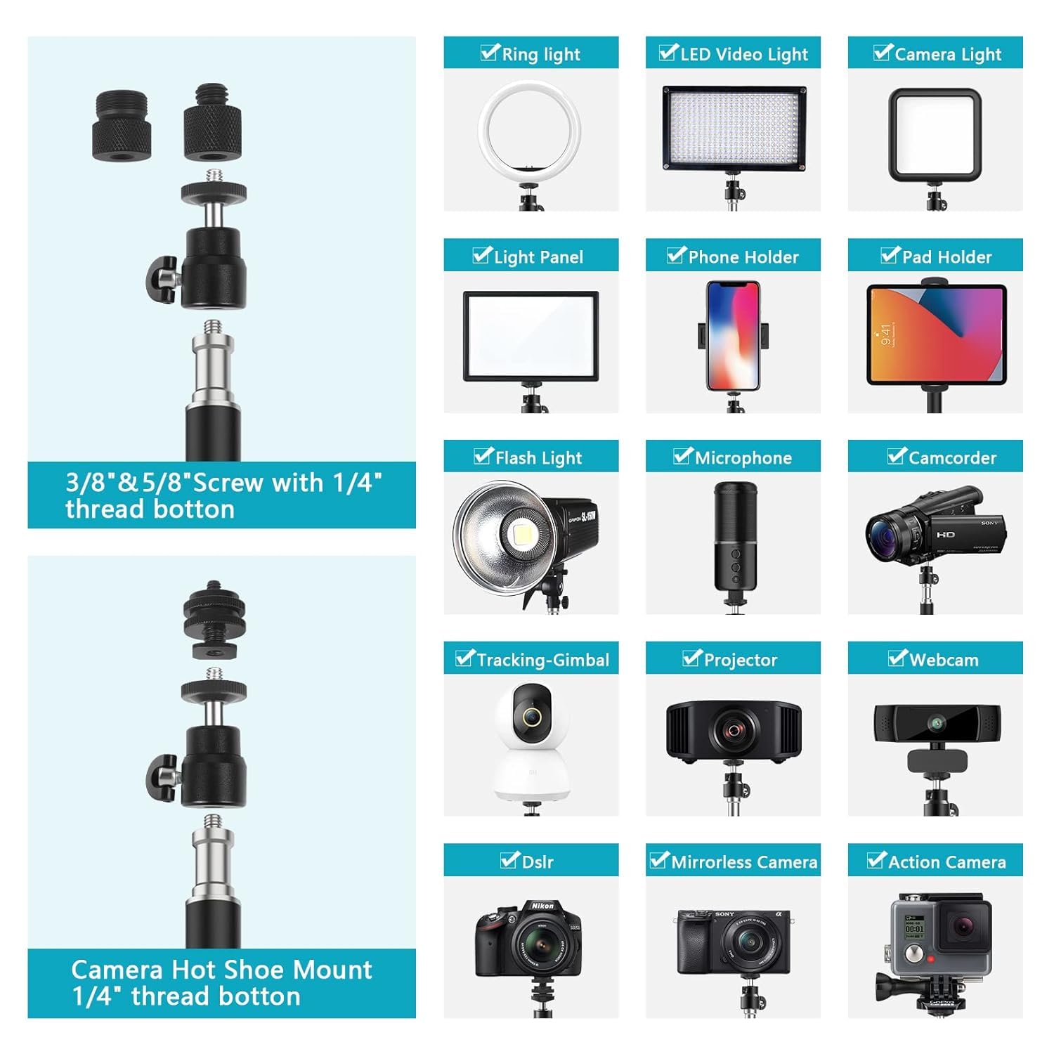 Camera accessories including ring light, LED video light, camera light, light panel, phone holder, pad holder, flash light, microphone, camcorder, projector, webcam, tracking gimbal, DSLR, mirrorless camera, and action camera on a white background.