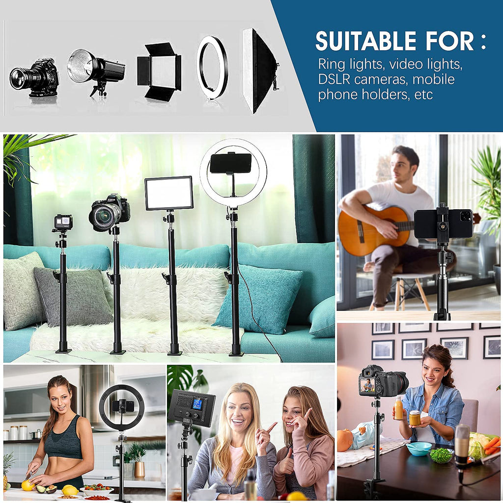 Collage of a camera on a tripod with various settings and uses, including a ring light and smartphone holder.