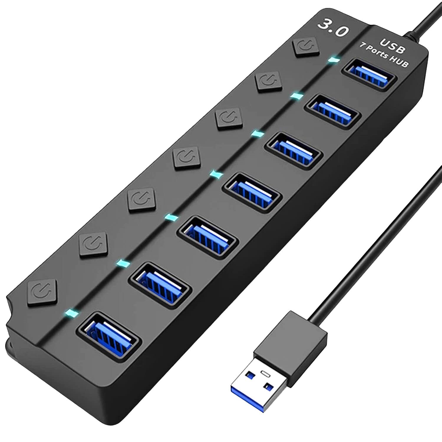 A black USB hub with one Type-C OTG dongle, seven USB ports with blue covers, and individual power switches on the top. The hub is designed for PC connectivity and data transfer.