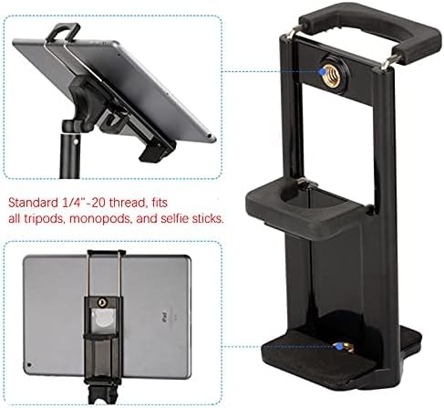 Black adjustable tablet stand with multiple attachments on a white background
