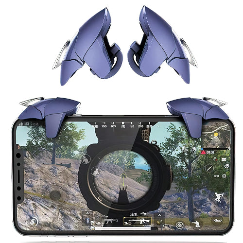 A smartphone is held horizontally, displaying a battlefield scene from a mobile shooter game, with a magnified crosshair visible on the screen. Two blue and silver mobile gaming trigger attachments are clipped onto the top edge of the phone, positioned over the corners of the screen. These triggers are designed for four-finger control, simulating L1/R1 buttons for enhanced mobile gaming