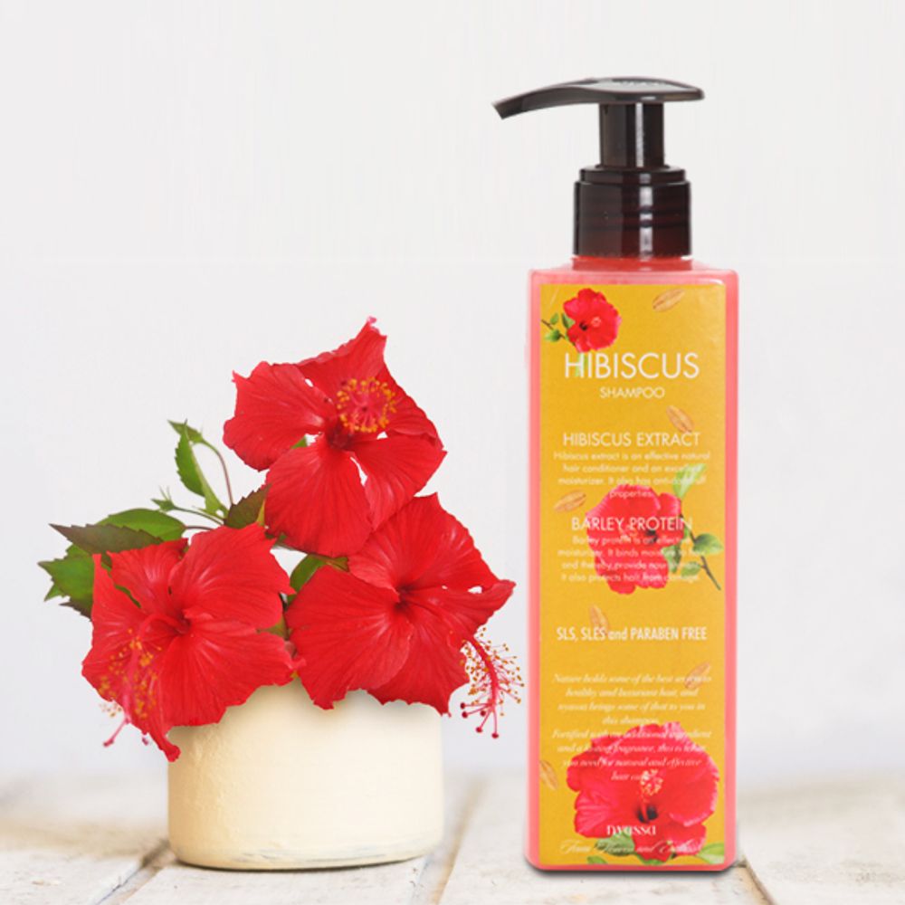 Hibiscus Shampoo Fortified with Hibiscus extract and Barley protein.