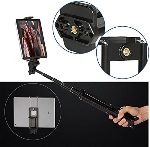 Black selfie stick with smartphone holder and close-up details on a white background