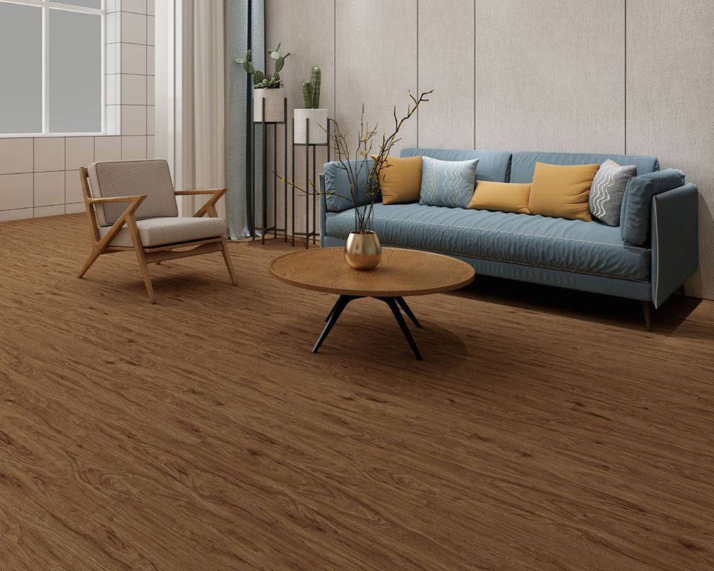 Modern living room with a blue sofa, armchair, and wooden coffee table.