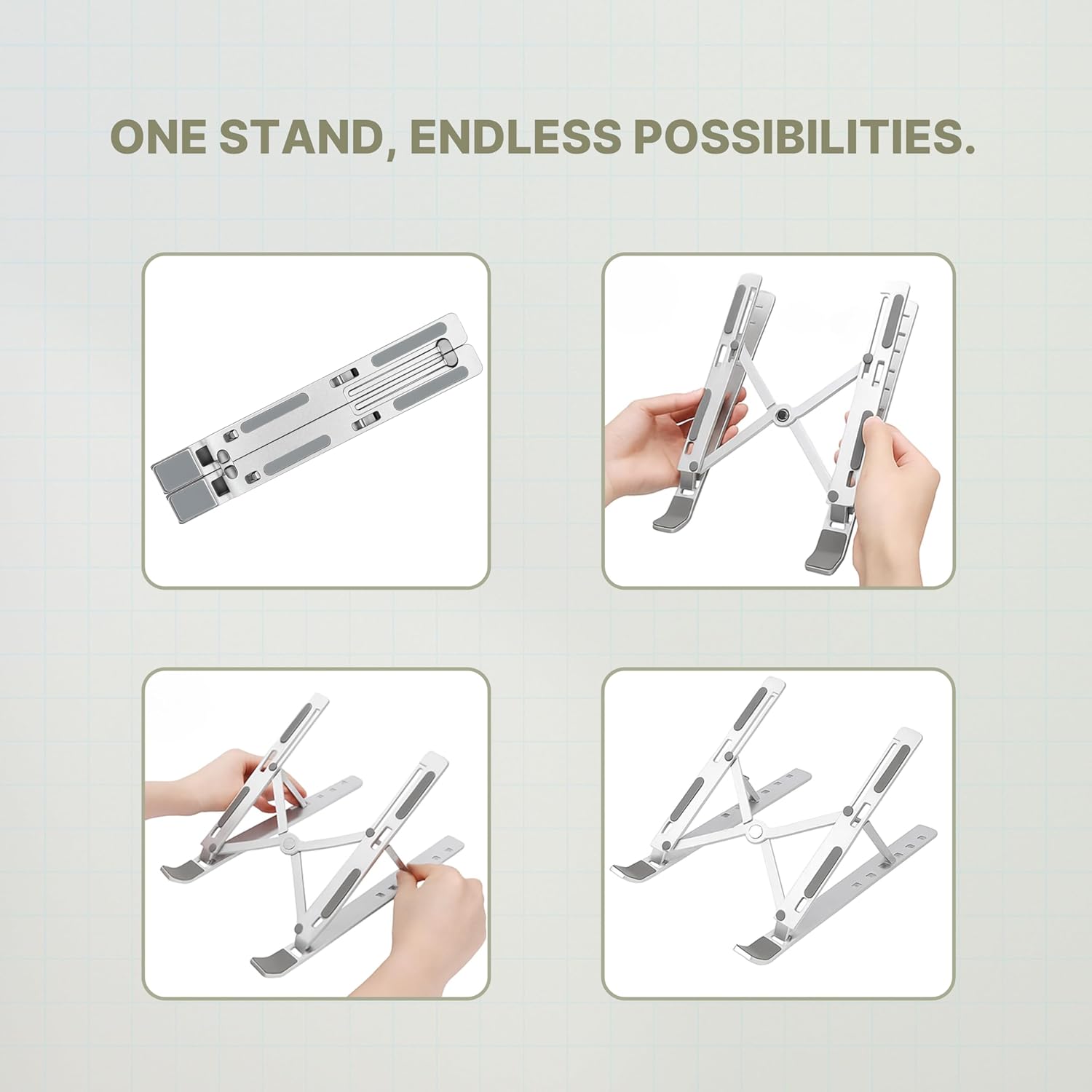 Collapsible stand being used in various positions with text 'One stand, endless possibilities.'