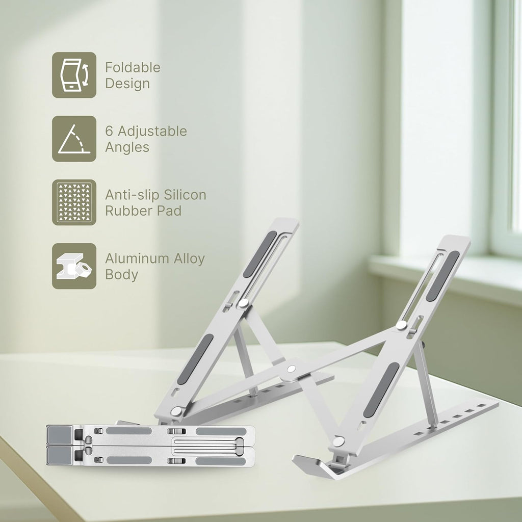 Foldable laptop stand on a desk with features highlighted