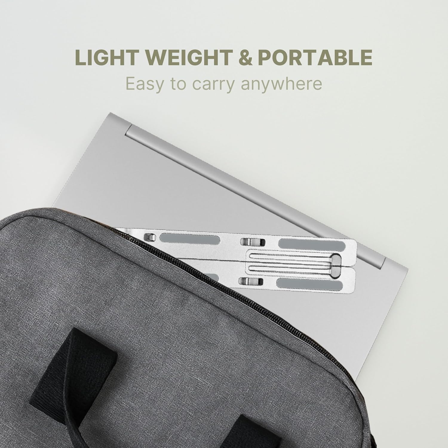 Gray laptop bag with a silver laptop and text 'Light weight & portable, easy to carry anywhere' on a light gray background