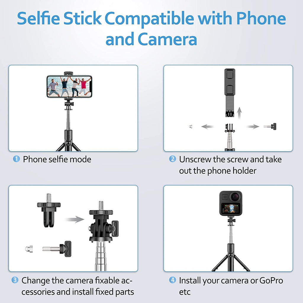 Instructions for using a selfie stick compatible with phone and camera on a light gray background.