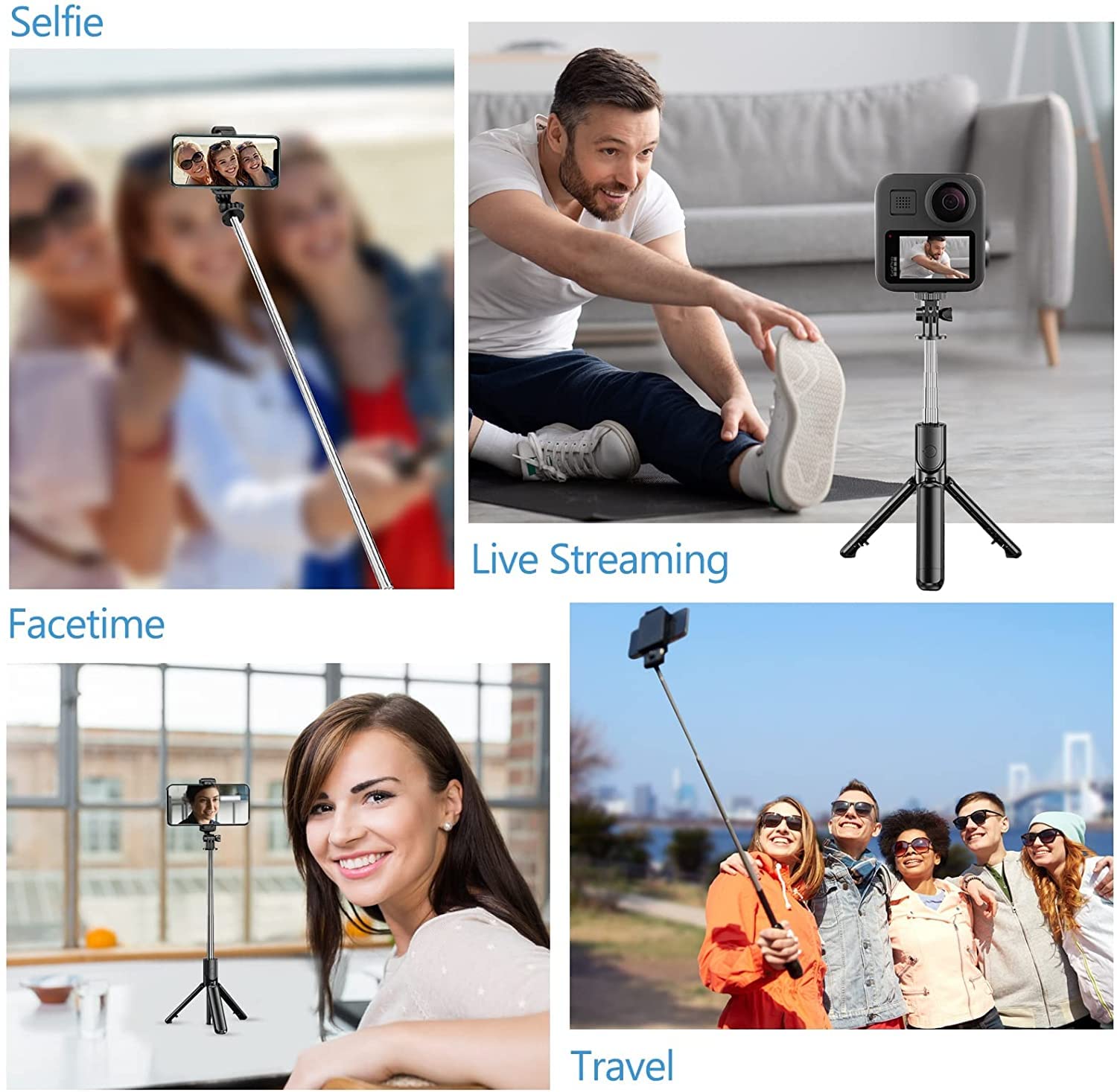 Collage of a smartphone camera on a tripod in various settings including selfie, live streaming, Facetime, and travel.